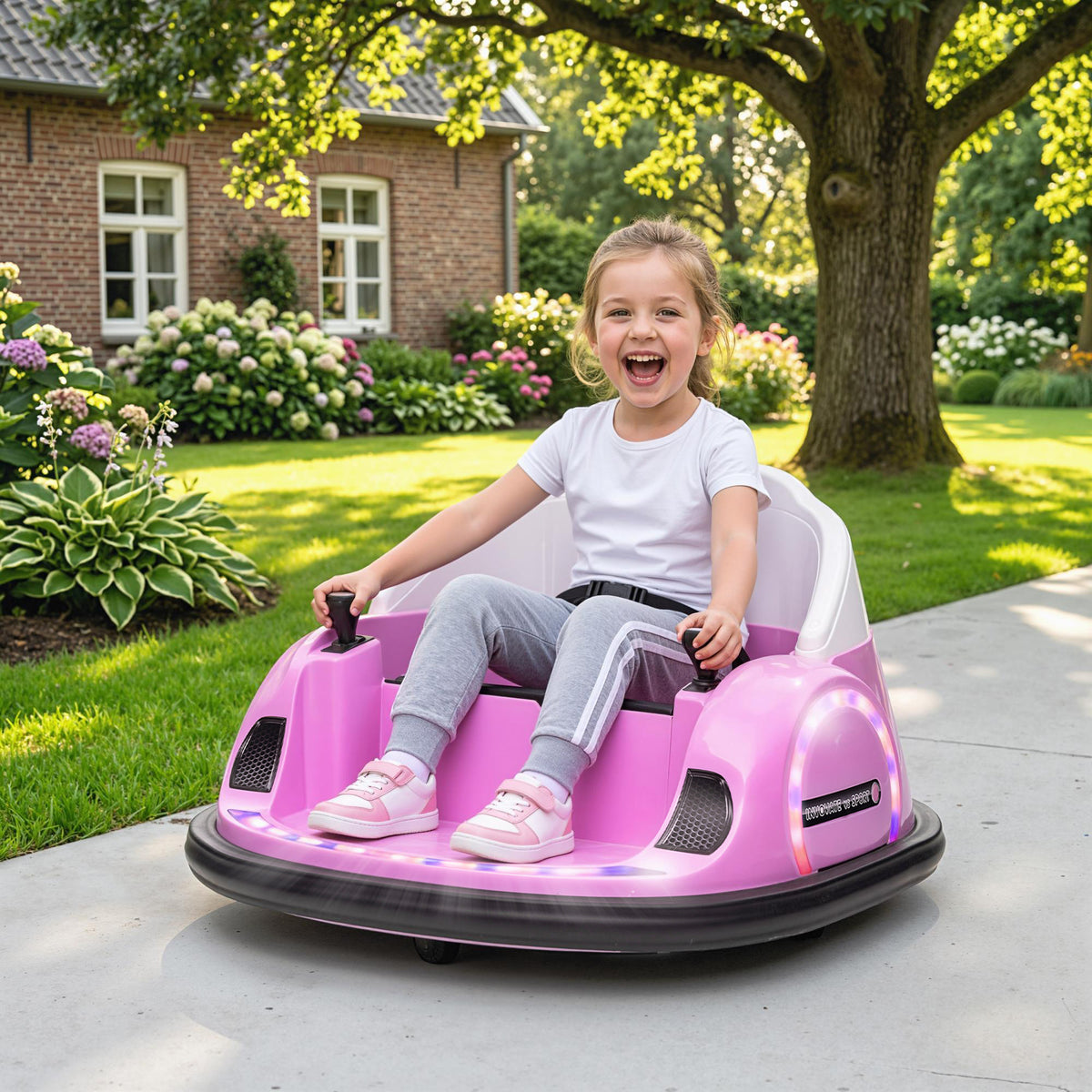 AIYAPLAY 360° Rotation Kids Bumper Car, 12V Waltz Car with Remote Control, Dual Joystick, Music, Lights, Pink