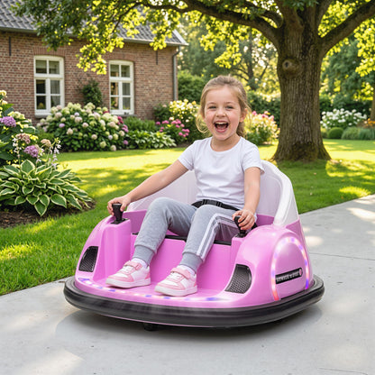 AIYAPLAY 360° Rotation Kids Bumper Car, 12V Waltz Car with Remote Control, Dual Joystick, Music, Lights, Pink