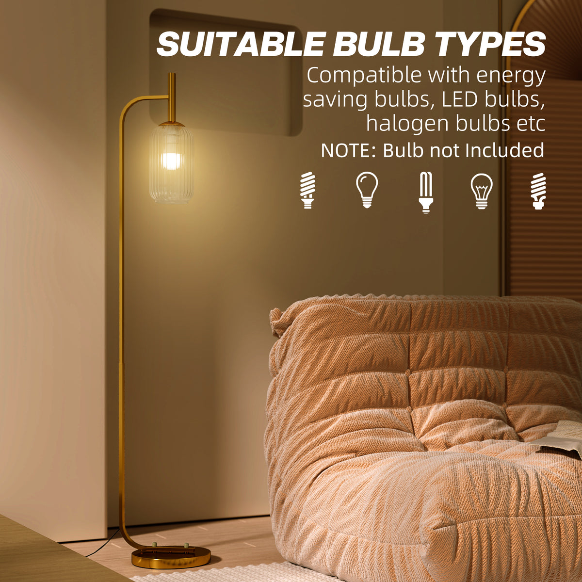 HOMCOM Floor Lamp for Living Room with Glass Lampshade, Modern Standing Lamp with Foot Switch for Bedroom, Bulb not Included, Gold Tone