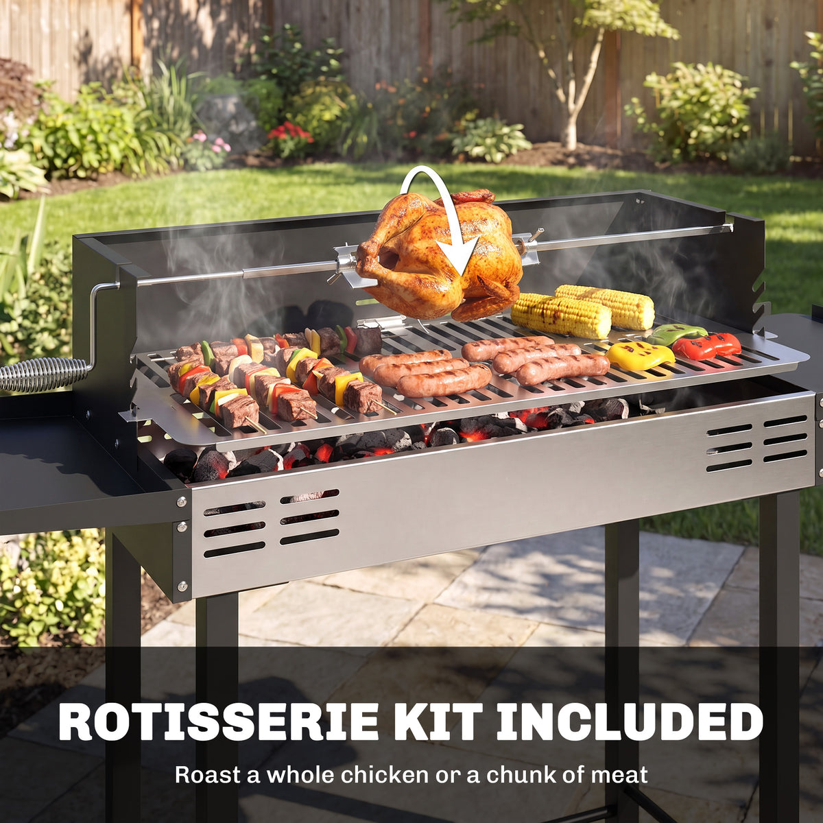 Outsunny BBQ Rotisserie Grill Roaster Charcoal Spit Roasting Machine for Chicken Turkey with 3-Level Grill Grate, Side Shelves