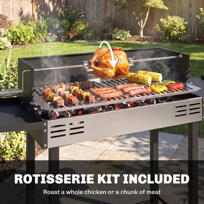 Outsunny BBQ Rotisserie Grill Roaster Charcoal Spit Roasting Machine for Chicken Turkey with 3-Level Grill Grate, Side Shelves