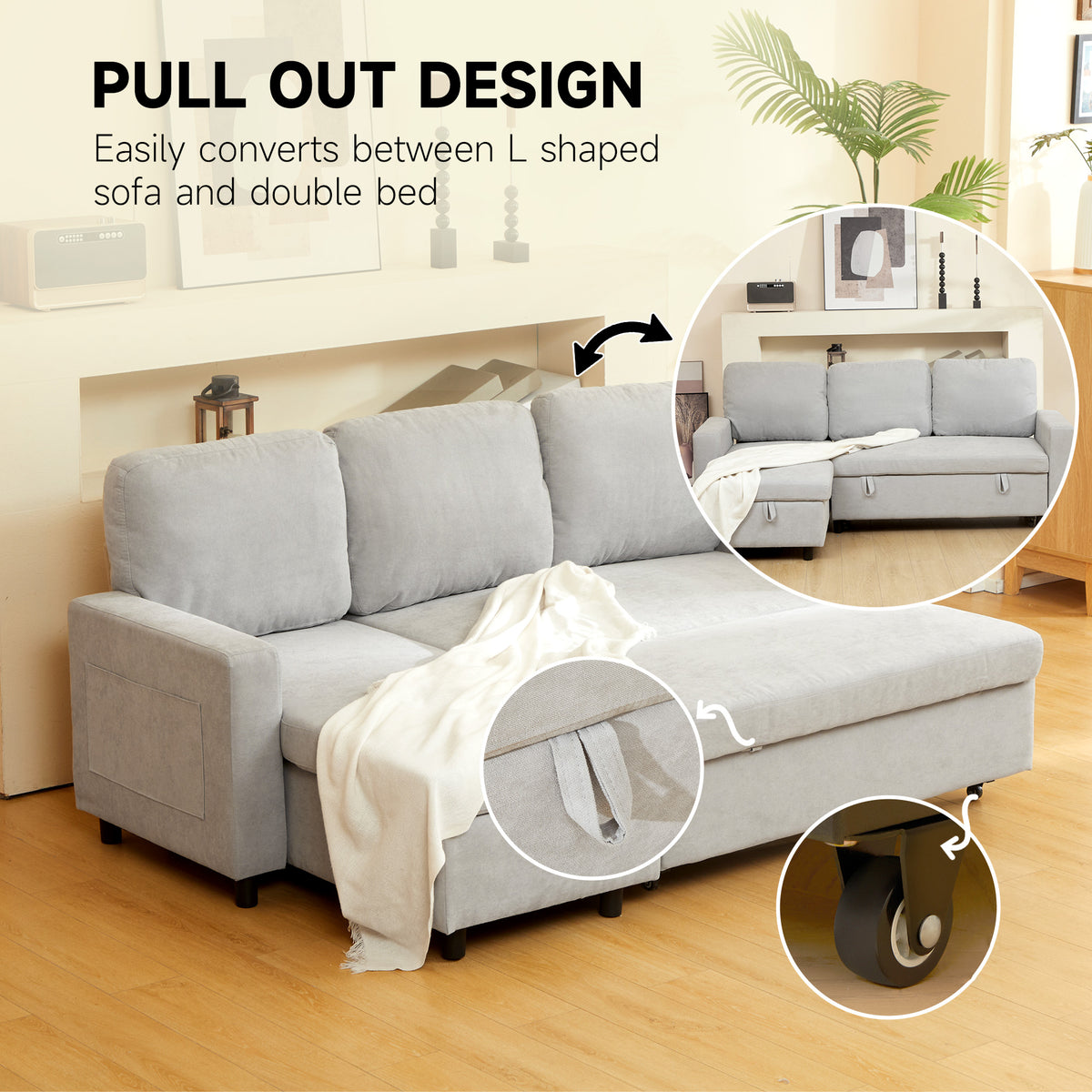 HOMCOM Pull Out Sofa Bed with Storage - Light Grey