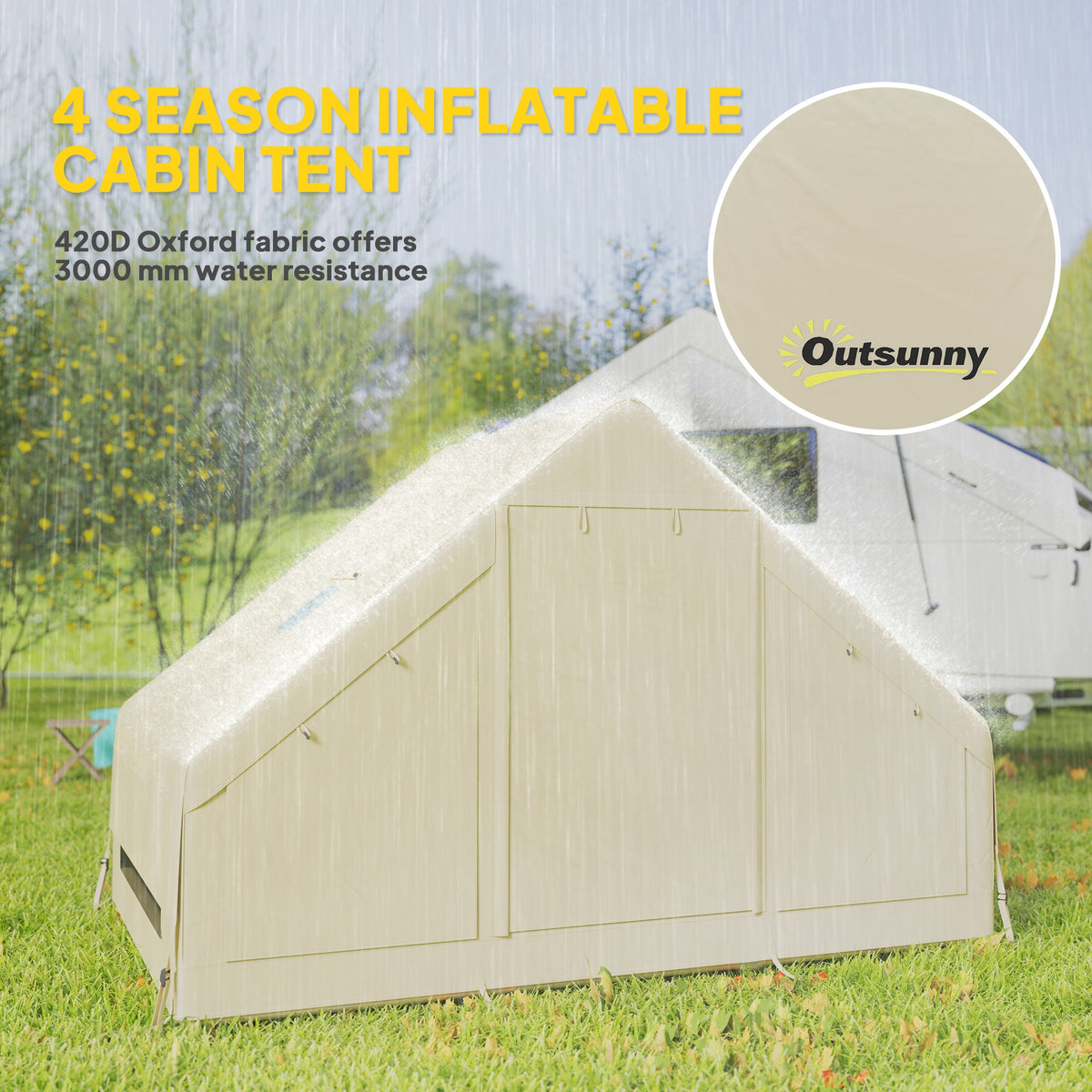 Outsunny Inflatable Camping Tent with Pump, Stove Jack Hole, Easy Setup 2-4 Person Family Blow Up Tent, Waterproof Glamping Luxury Inflatable Tent, Mesh Windows, Doors, Hook, Carry Bag, Beige