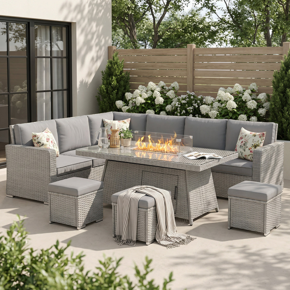 Outsunny Seven-Piece Firepit Table Rattan Sofa Set - Grey