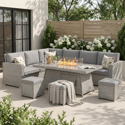 Outsunny Seven-Piece Firepit Table Rattan Sofa Set - Grey
