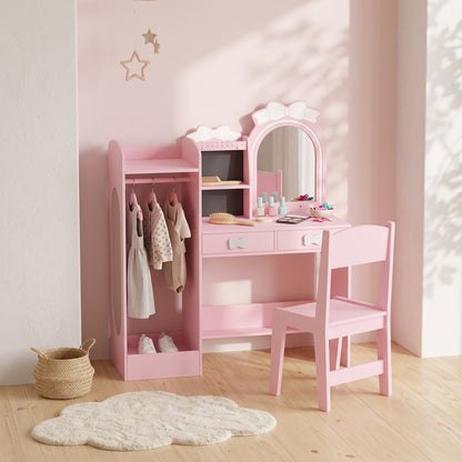 AIYAPLAY Kids Dressing Table, 3-in-1 Kids Vanity Set with Stool, 2-Colour Lights Mirror, Clothes Rack for Ages 3-8, Pink