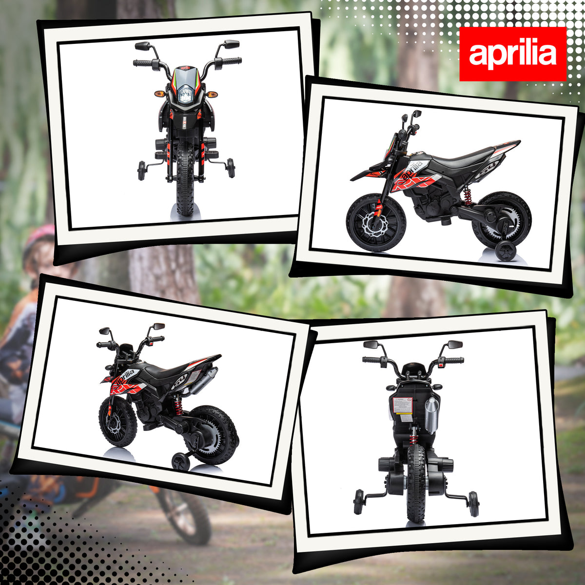 AIYAPLAY 12V Aprilia Licensed Kids Motorbike with Training Wheels, Spring Suspension, LED Headlight, USB, Music, Red/Black