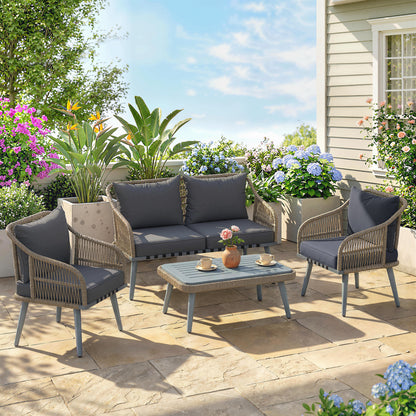 Outsunny 4 Piece Rattan Garden Furniture Set with Loveseat, Armchairs, Wood Table, Wicker Patio Conversation Set, Grey