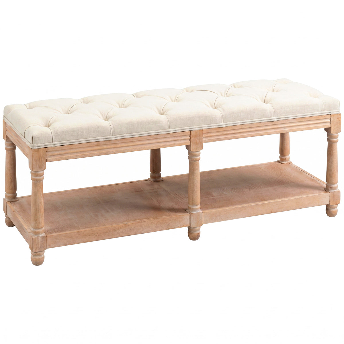 HOMCOM 2-Tier Bed End Bench, Vintage Stool, Wooden Window Seat with Storage Shelf, Button Tufted Upholstered Footstool for Living Room, Bedroom, Entryway, Cream White