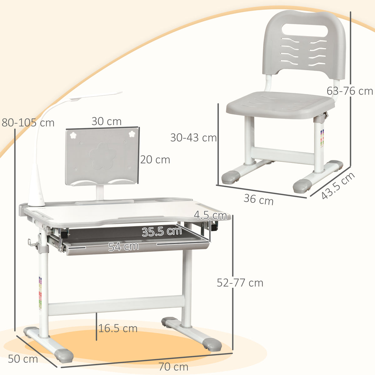 HOMCOM Kids Study Desk and Chair Set w/ Adjustable Height, Storage, Drawer, Grey