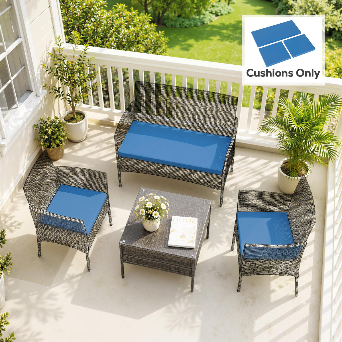 Outsunny Outdoor Seat Cushion Pads for Rattan Furniture, 3 PCs Garden Furniture Cushions,  Sky Blue