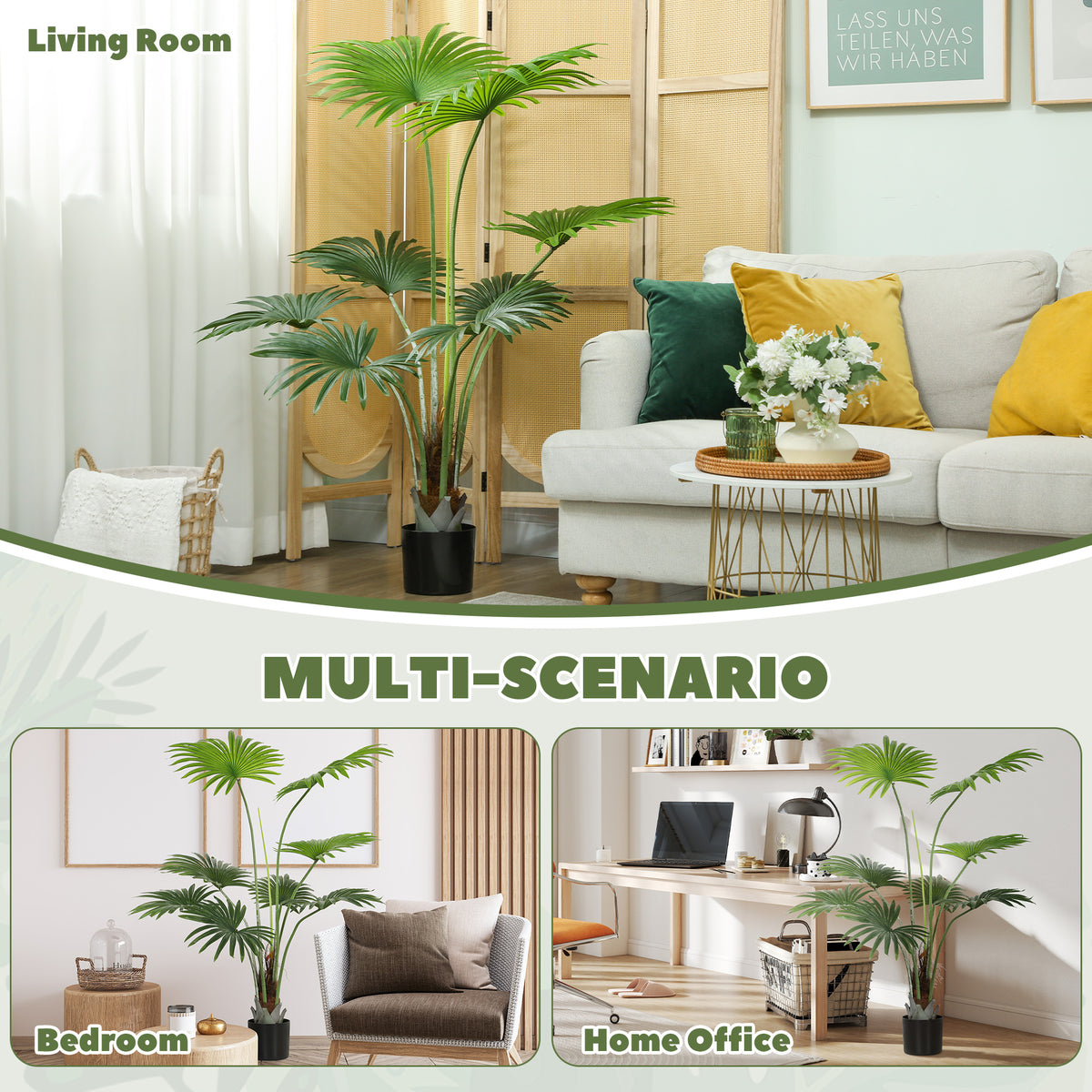 HOMCOM 145cm Artificial Palm Tree, Decorative Artificial Plant with Lifelike PEVA Leaves and Coconut Coir, Fake Tree with Plastic Pot and Flocking for Home Office Decor, Green