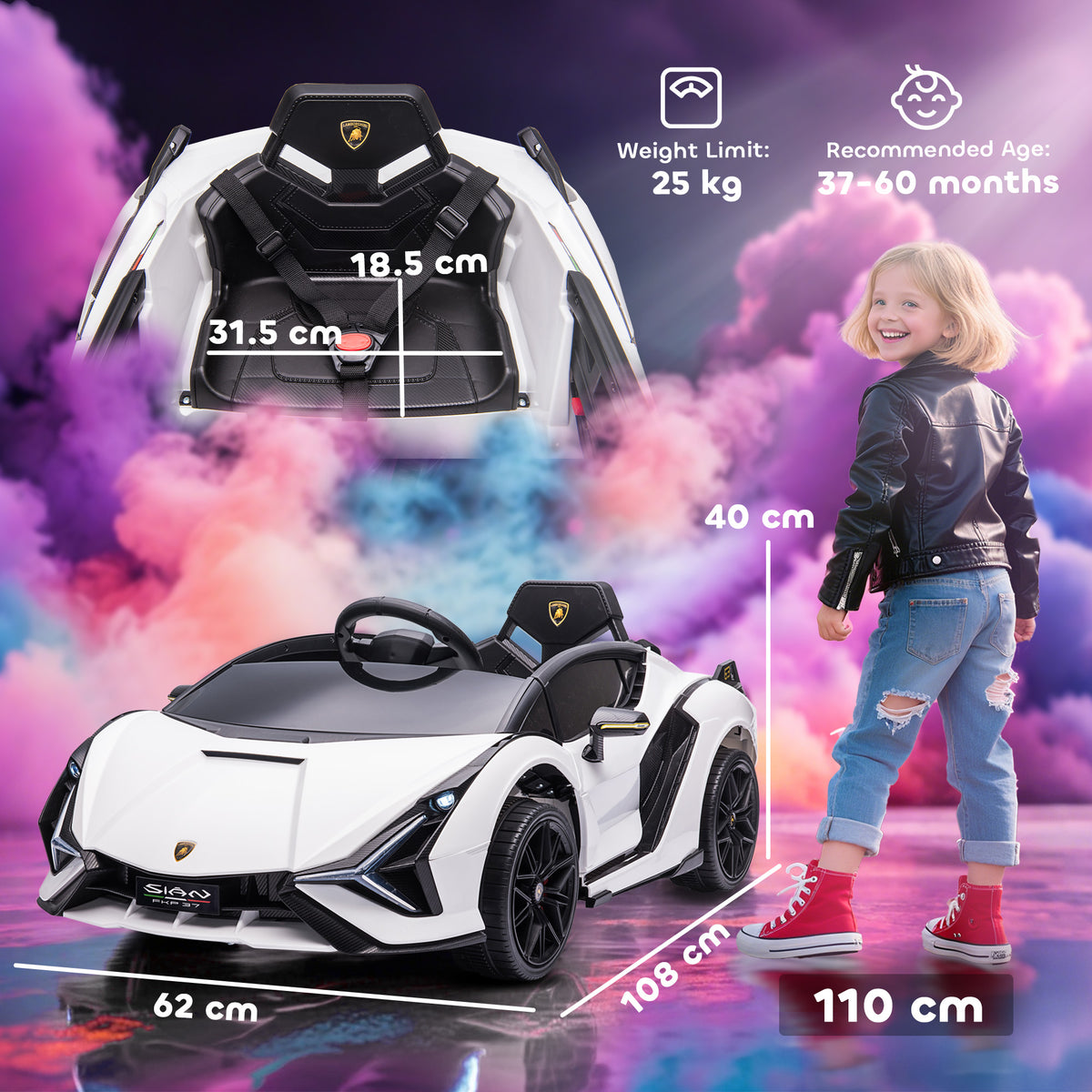 HOMCOM Lamborghini Sian Licensed Electric Car for Kids, 12V Kids Electric Ride on Car with Dual Motors, Remote Control, White