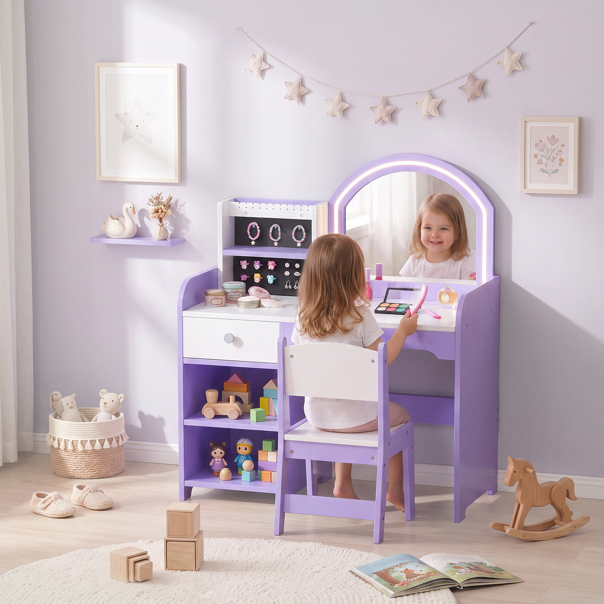 AIYAPLAY Kids Vanity Set, Kids Dressing Table with Stool, 2-Colour Lights Mirror, Pretend Dresser Gift for Ages 3-8, Purple