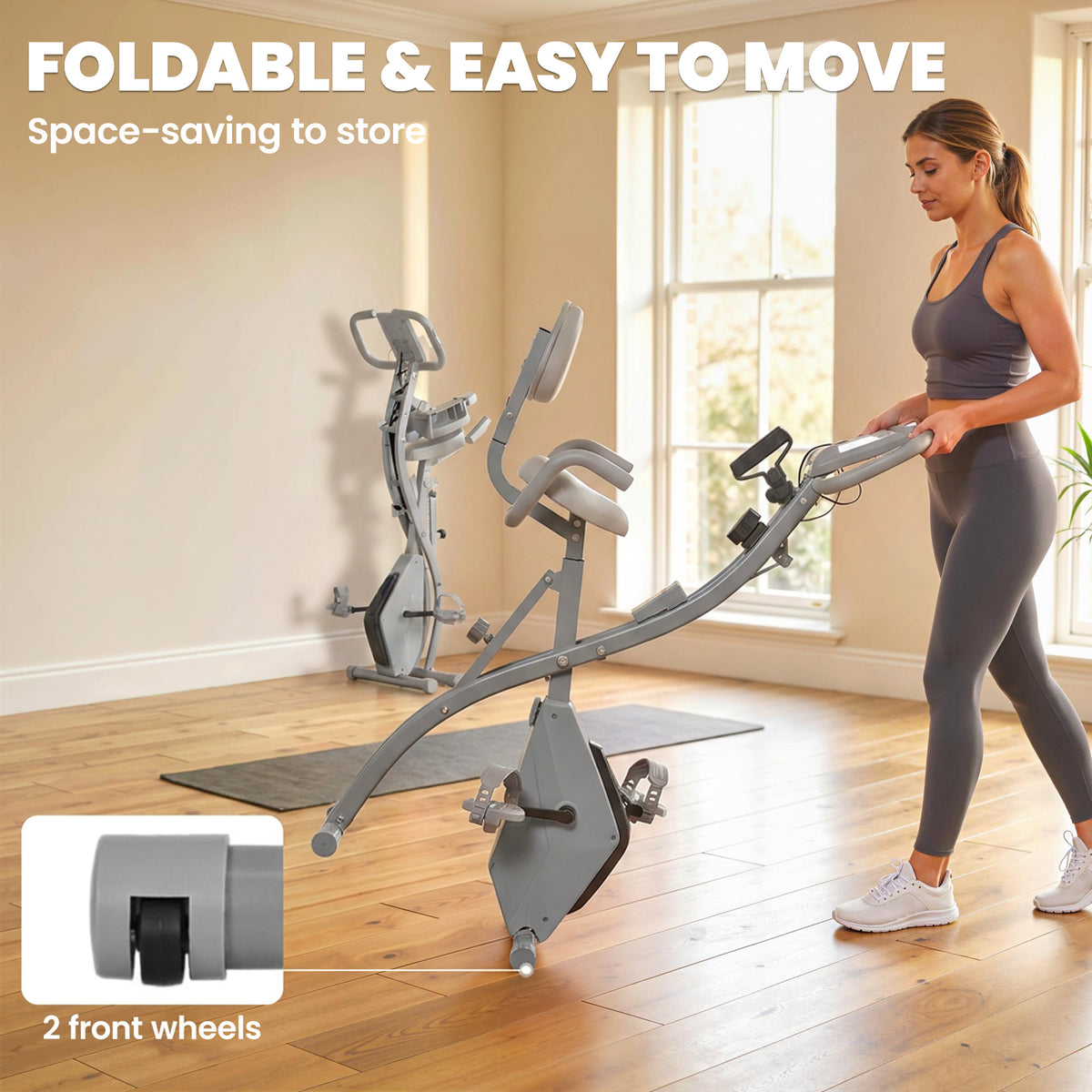 HOMCOM 2-in-1 Folding Exercise Bike with 8-Level Magnetic Resistance, Arm Resistance Band, Pulse Sensor, Grey