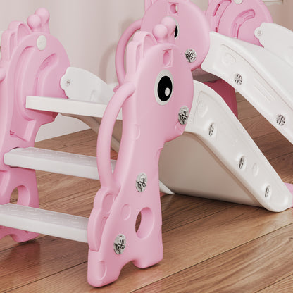AIYAPLAY 3 in 1 Kids Slide with Climber, Basketball Hoop and Ball, Giraffe Shape Climber Slide for Indoor Kids Age 1-3, Pink
