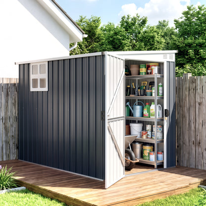 Outsunny 7.6 x 4ft Lean to Garden Metal Shed, Outdoor Storage Shed with Window, 2 Vents and Lockable Door for Garden, Dark Grey