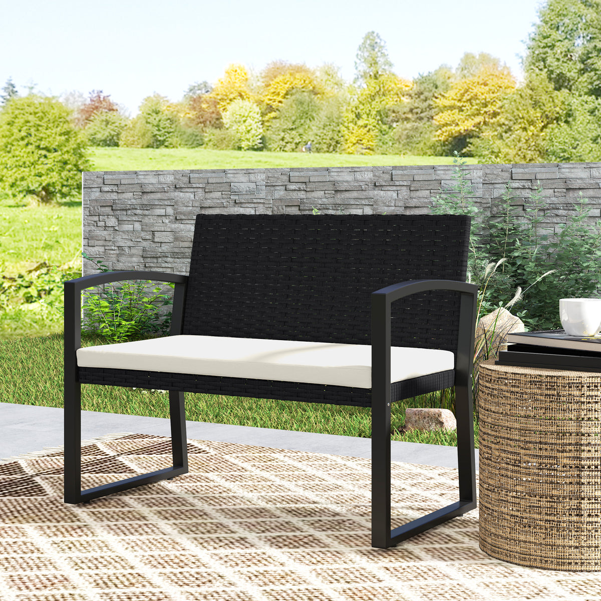 Outsunny Two-Seater Rattan Garden Bench - Beige