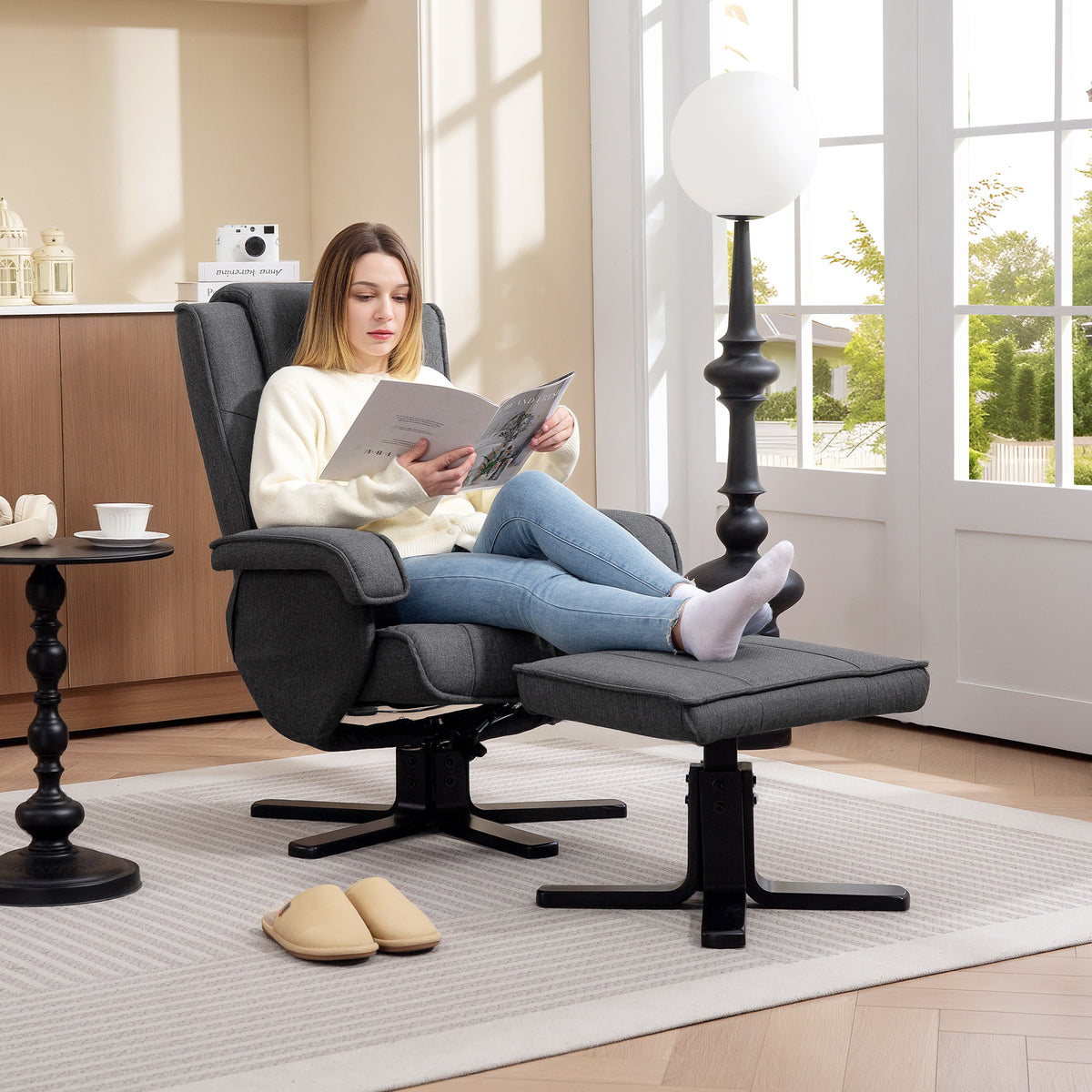 HOMCOM Swivel Recliner Chair with Footstool - Charcoal Grey Linen