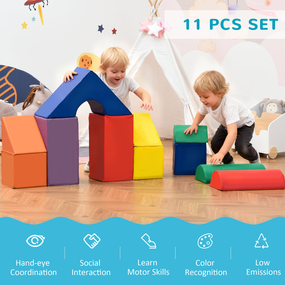 HOMCOM 11-Piece Kids Soft Play Set, Foam Block, Toys for Climbing, Crawling, Multicoloured