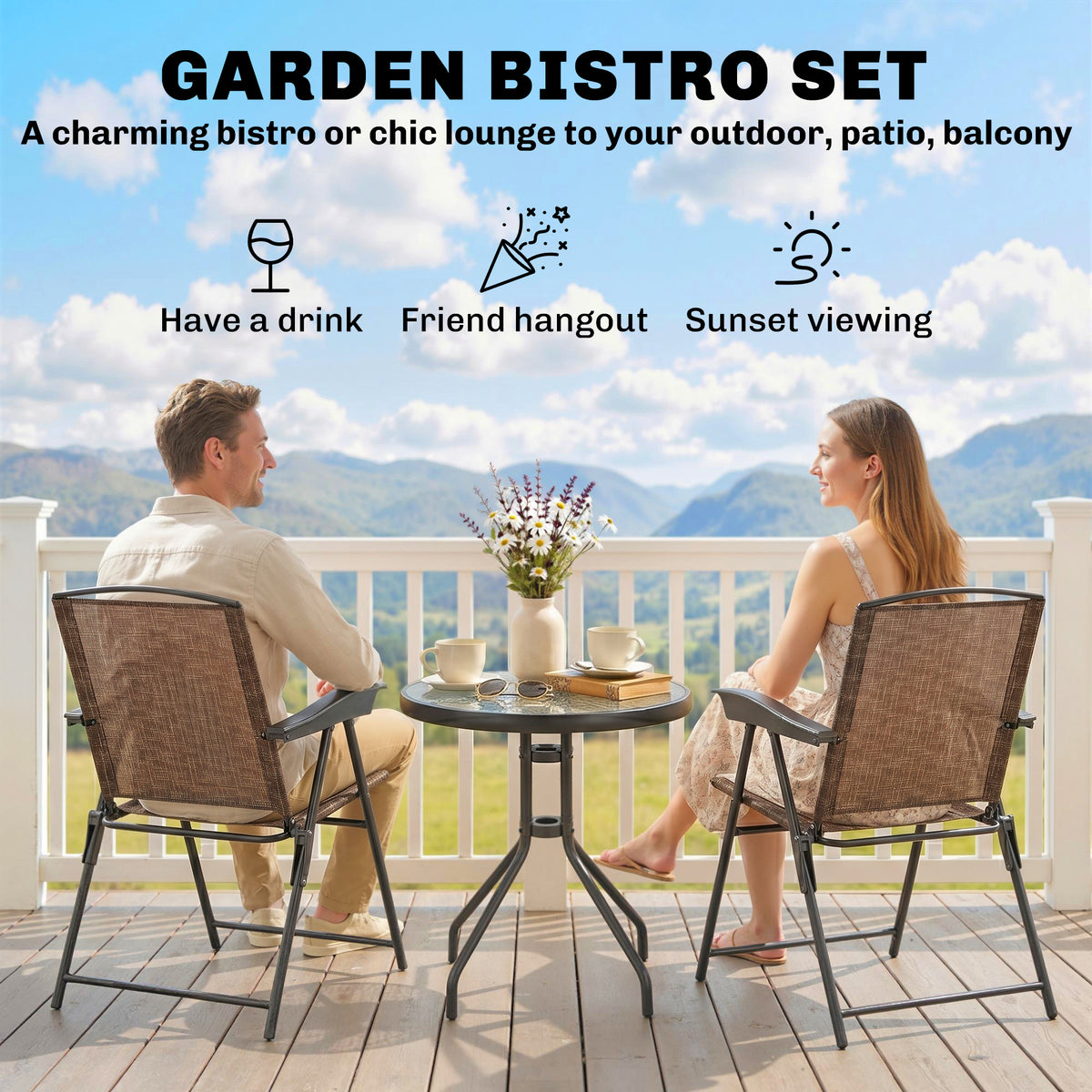 Outsunny 3 Piece Outdoor Bistro Set, Patio Conversation Furniture Set with 2 Folding Backrest Adjustable Armchairs and Glass Top Coffee Table, Brown