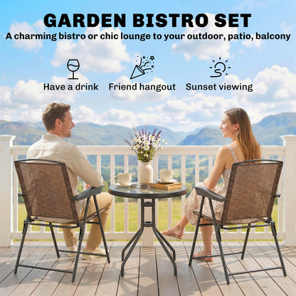 Outsunny 3 Piece Outdoor Bistro Set, Patio Conversation Furniture Set with 2 Folding Backrest Adjustable Armchairs and Glass Top Coffee Table, Brown