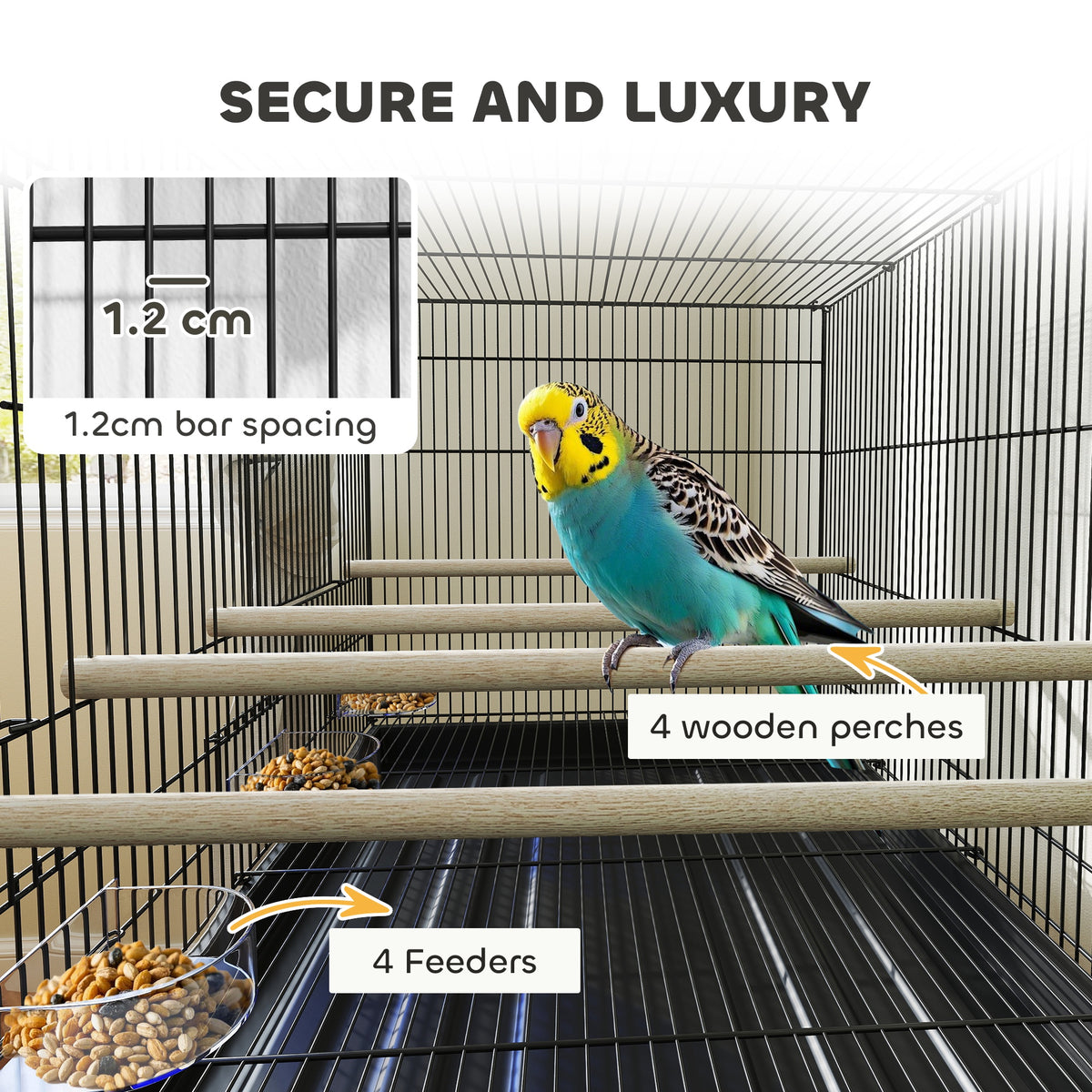 PawHut Bird Cage with Divider, 4 Wooden Perches, Slide Out Tray, 4 Feeders, for Budgie, Lovebird, Canary, 76 x 46 x 116cm Black