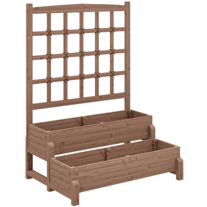 Outsunny 2-Tier Raised Garden Bed with Trellis, Wooden Elevated Planter Box with Drainage Holes, Outdoor Raised Planter for Climbing Plants, Fruits, Vegetables, Flowers, Brown