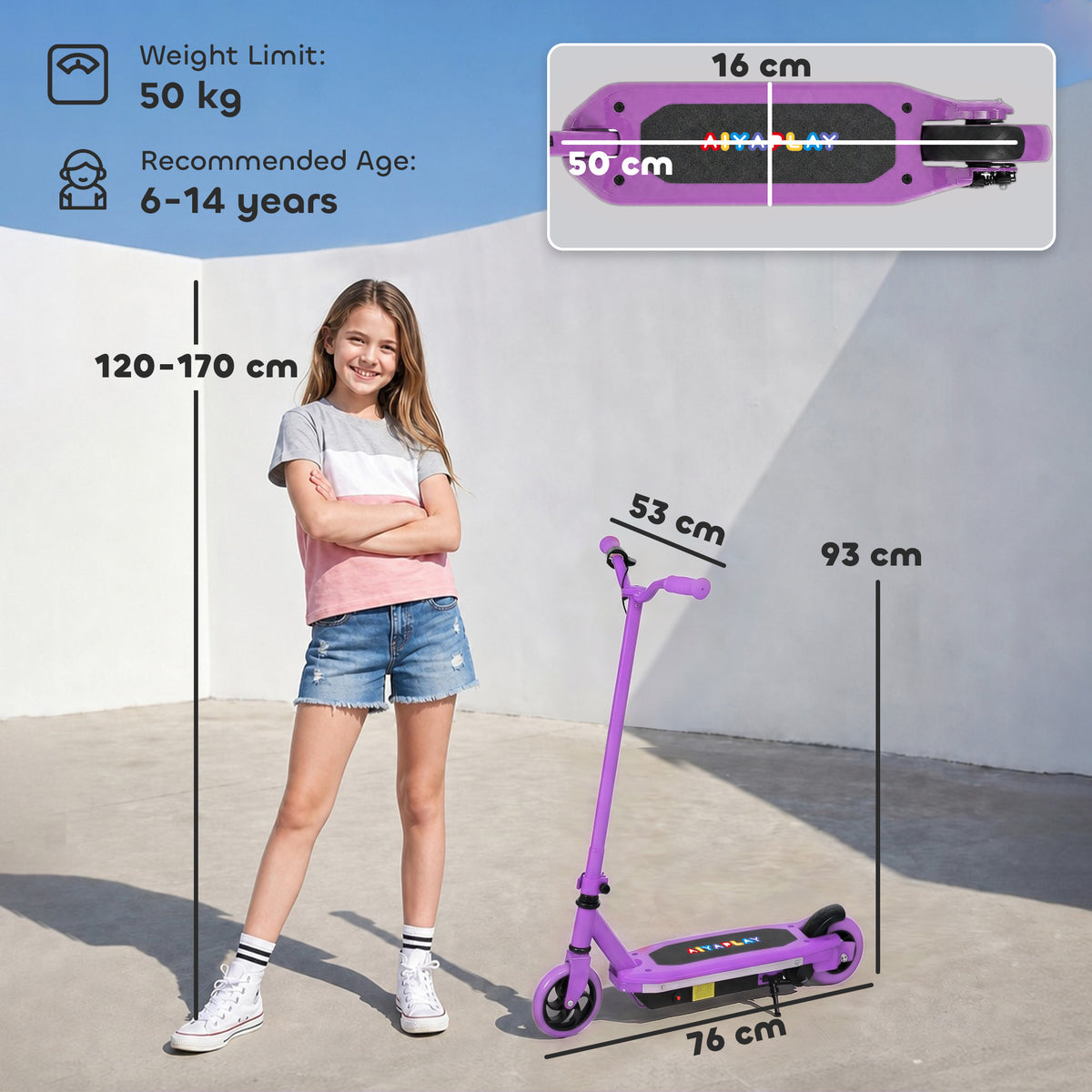 AIYAPLAY Electric Scooter for Kids 6-14 Years, with Colourful Lights, Purple