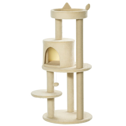 PawHut 104 cm Cat Tree, Cat Condo Tree Tower, Cat Activity Centre with Scratching Posts, Plush Perches, Hanging Ball - Cream White