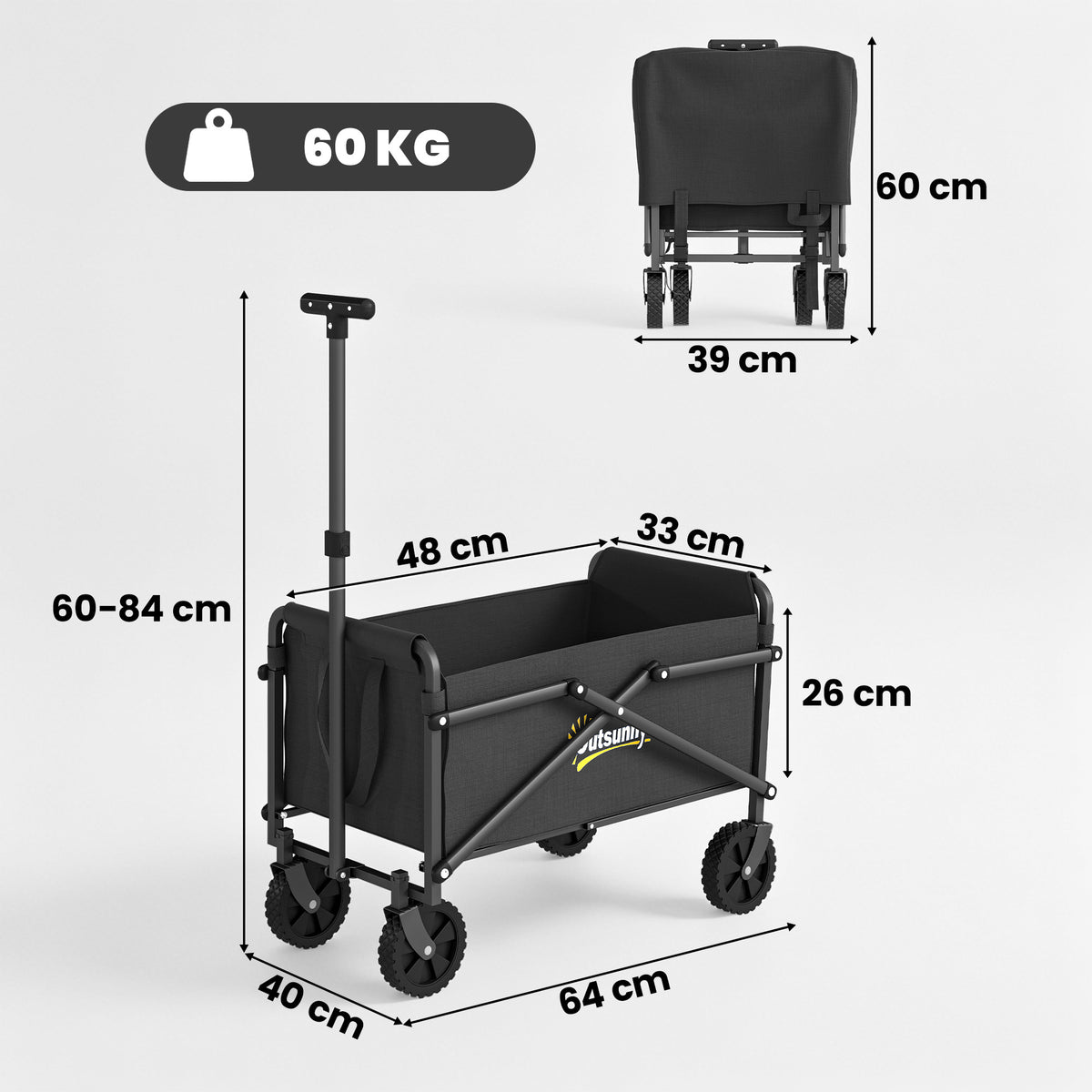Outsunny 62L Festival Trolley on Wheels, Portable Small Folding Trolley Cart, 60kg Heavy Duty Collapsible Foldable Wagon with Adjustable Handle and Carrying Bag for Beach, Camping, Garden, Black