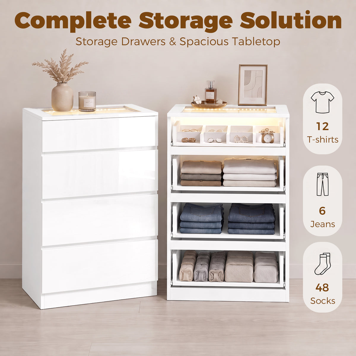 HOMCOM High Gloss 4 Drawer Chest of Drawers with Glass Top and RGB LED Lights, Dresser with Jewelry Organizer, APP Control