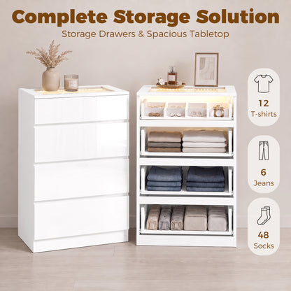 HOMCOM High Gloss 4 Drawer Chest of Drawers with Glass Top and RGB LED Lights, Dresser with Jewelry Organizer, APP Control