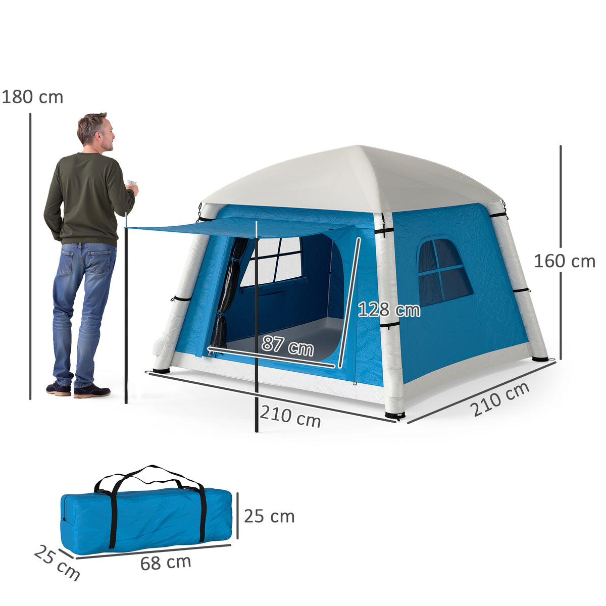 Outsunny Inflatable Camping Tent with Hand Pump, Easy Setup 1/2 Person Blackout Blow Up Tent, Light Blue