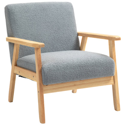 HOMCOM Modern Armchair, Sherpa Fleece Upholstered Accent Chair with Solid Wood Legs and Wide Seat, Padding Lounge Chair for Living Room Bedroom Office, Grey