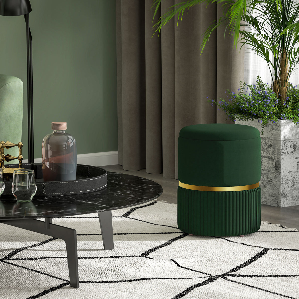 HOMCOM Velvet-Feel Storage Ottoman - Green