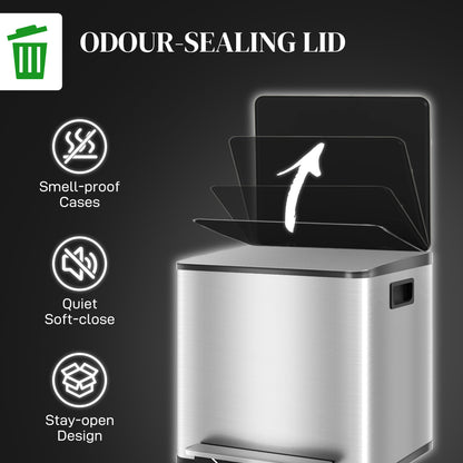 HOMCOM 30L Dual Compartment Stainless Steel Bin, with Deodoriser Holders - Silver Tone