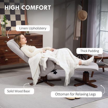 HOMCOM Linen Swivel Recliner Chair with Footstool, Upholstered Reclining Armchair with Wooden Base for Living Room, Light Grey