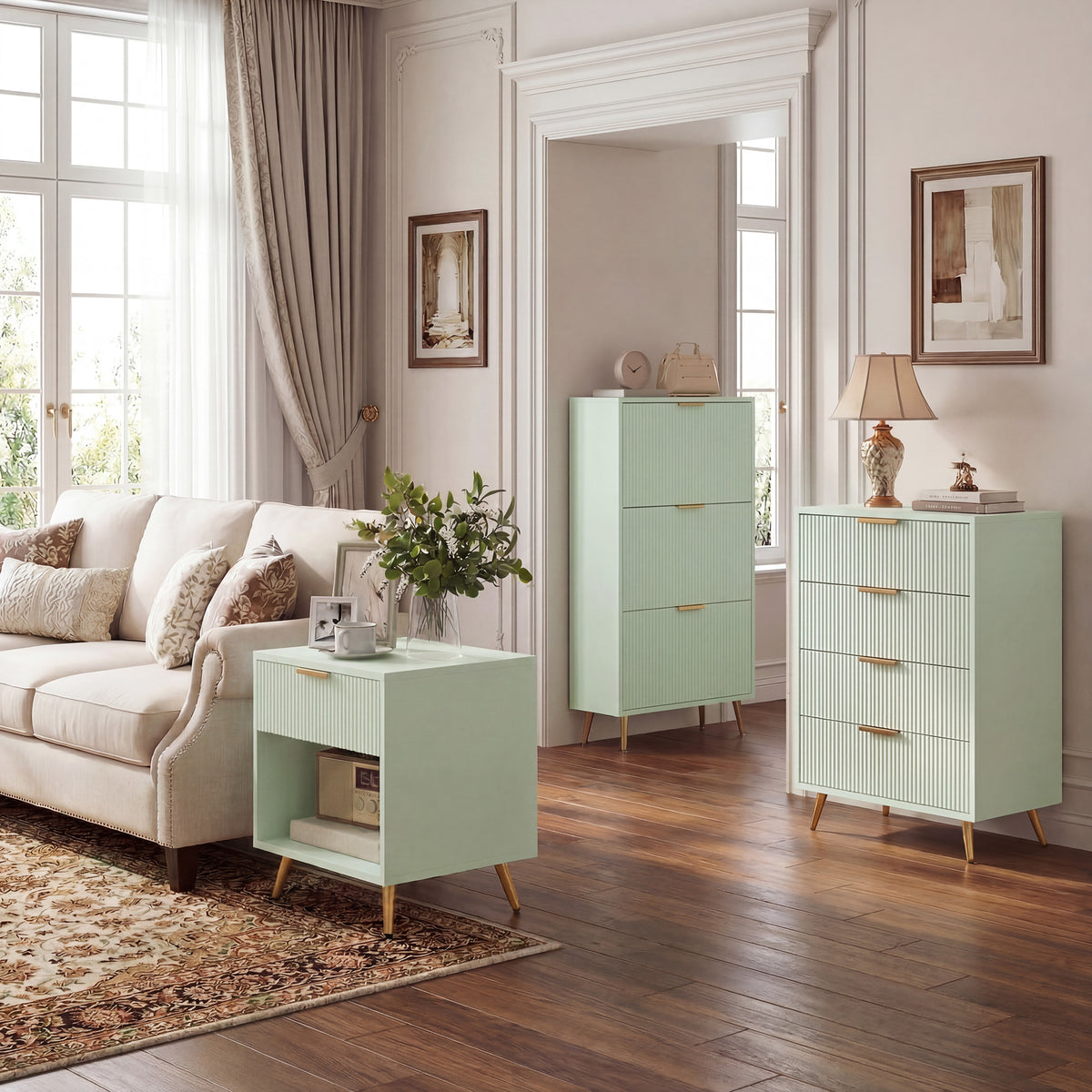 HOMCOM Elegant Three-Drawer Shoe Cabinet - Light Green