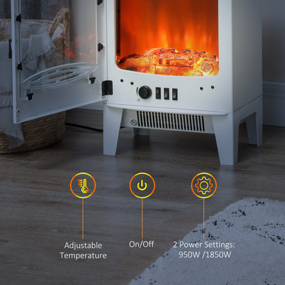 HOMCOM Electric Fireplace Stove, Freestanding Log Burner, 1000W/2000W, Portable Electric Fire Fan Heater with LED Flame Effect, Adjustable Thermostat, Glass, Overheat Protection， White