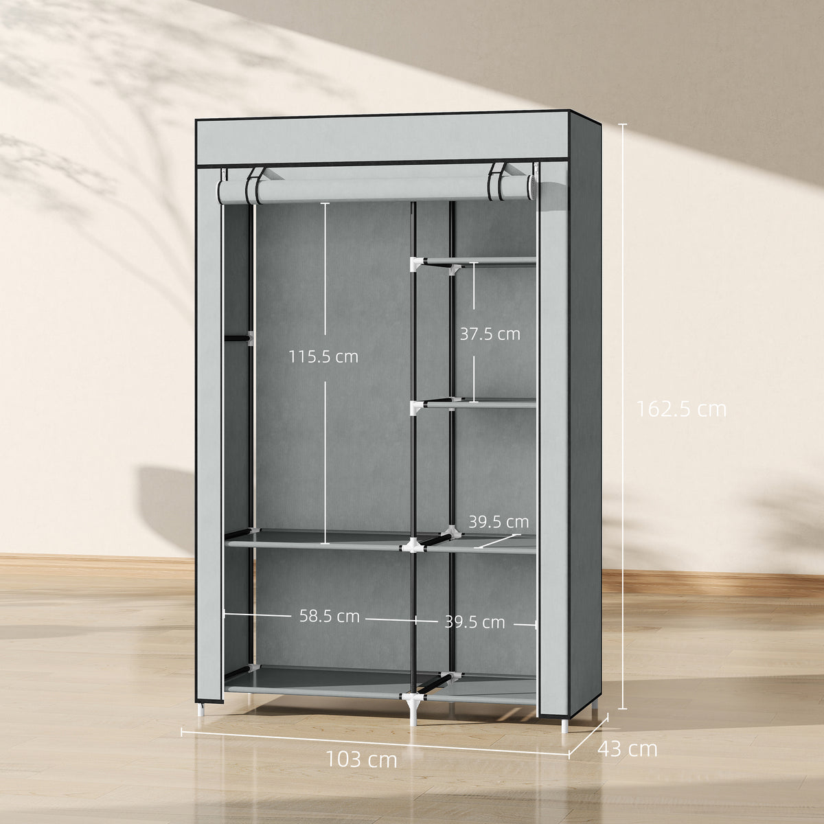 HOMCOM Fabric Wardrobe w/ Shelves Hanging Rail Foldable Wardrobe Light Grey