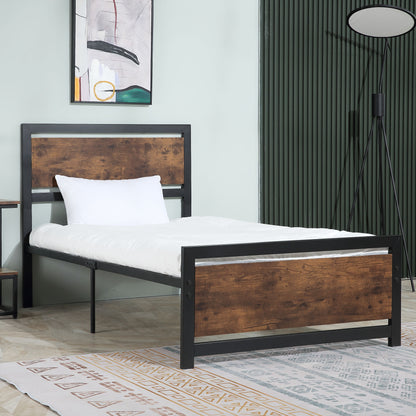 HOMCOM Single Size Metal Bed Frame with Headboard & Footboard, Strong Slat Support Solid Bedstead Base w/ Underbed Storage Space, Bedroom Furniture For Adults