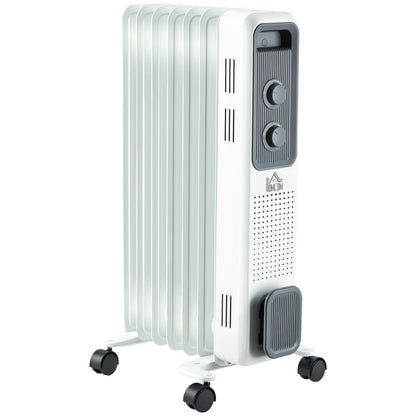 HOMCOM 1500W Oil Filled Radiator, Portable Electric Heater with 3 Heat Settings, Safety Cut-Off and Wheels, White