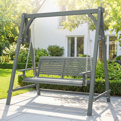 Outsunny 2 Seater Garden Swing Seat, Wooden Swing Chair Bench with Cup Holders for Outdoor Porch Patio, Grey