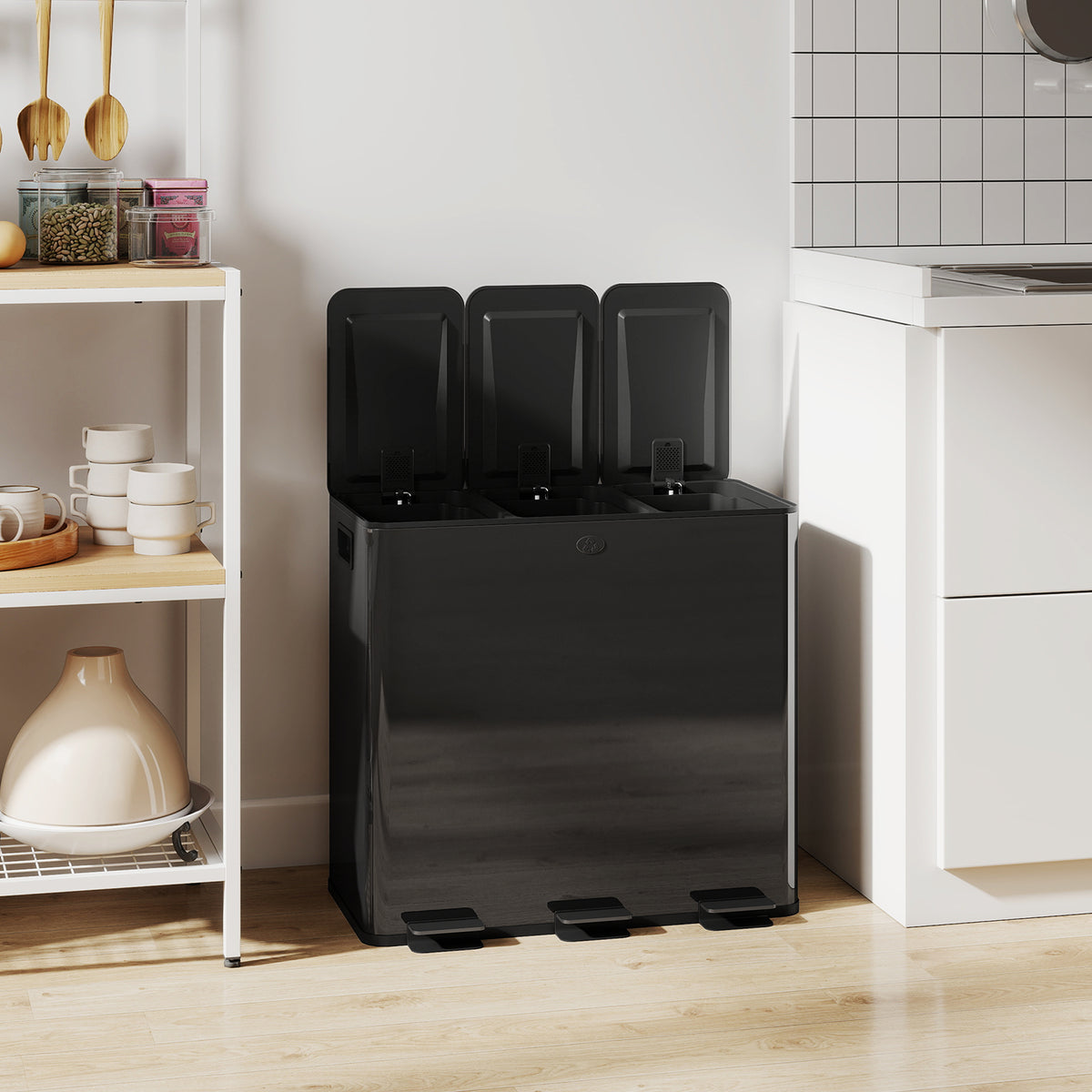 HOMCOM 3 x 20L Pedal Bin, Steel Triple Kitchen Bin with Soft Close Lid, Removable Inner Buckets, Fingerprint-Proof, Black