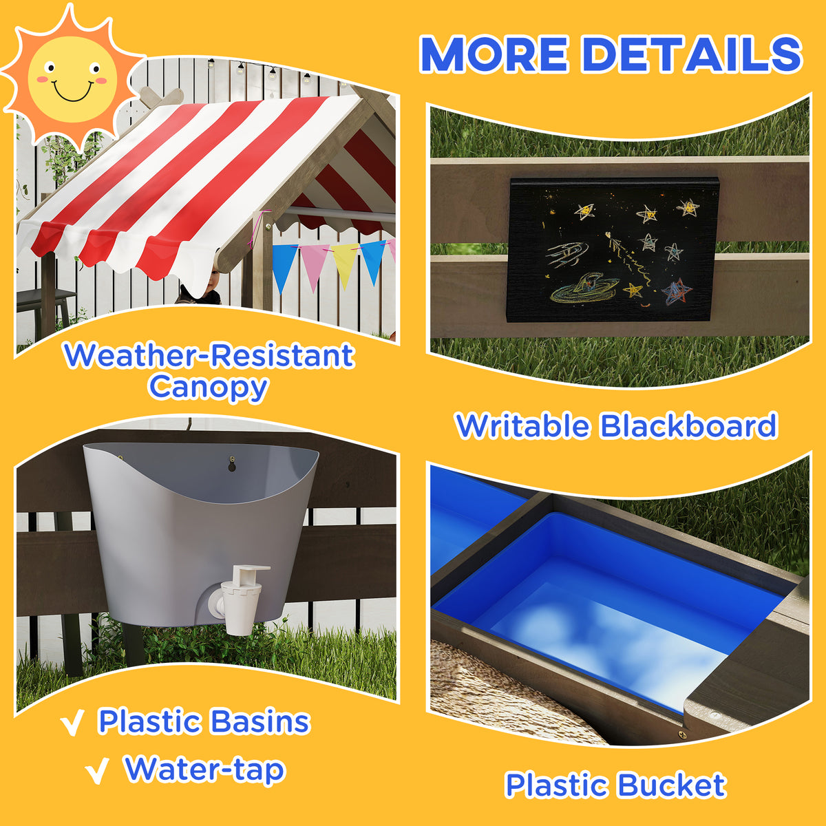 Outsunny House-Designed Wooden Sandbox, Outdoor Sandpit, with Blackboard, Toys, Sink, Seats, Flags, for Ages 3-7 Years - Grey