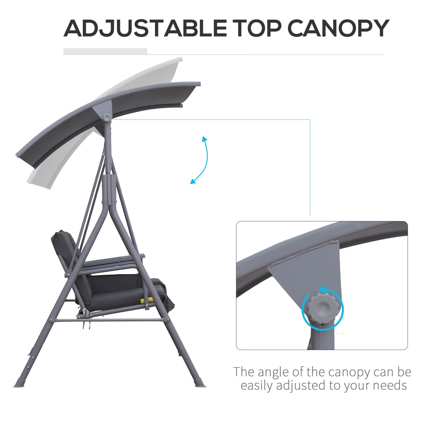 Outsunny 2 Seater Garden Swing Chair Patio Rocking Bench W/ Tilting Canopy, Double Padded Seats, Storage Bag and Tray, Grey
