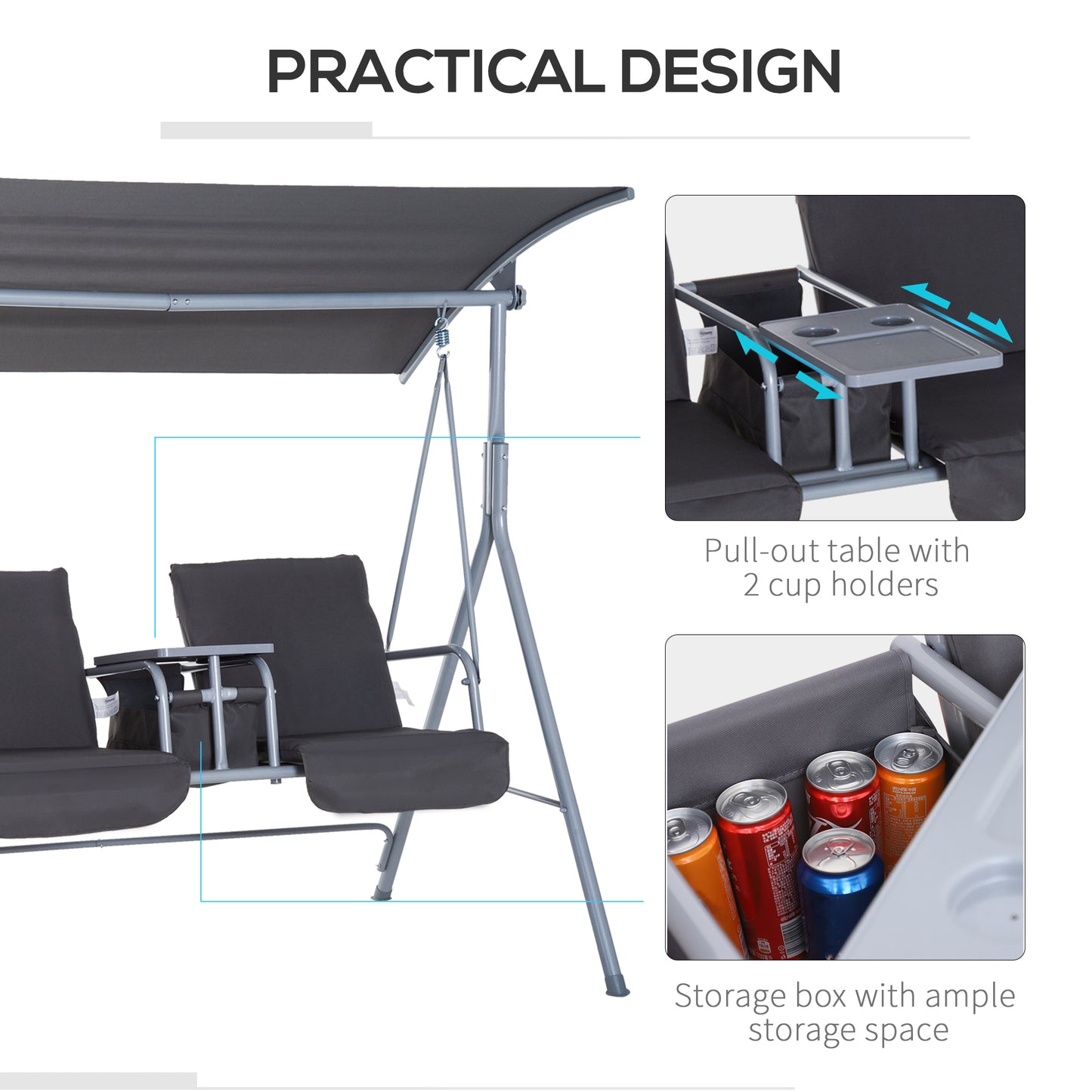 Outsunny 2 Seater Garden Swing Chair Patio Rocking Bench W/ Tilting Canopy, Double Padded Seats, Storage Bag and Tray, Grey