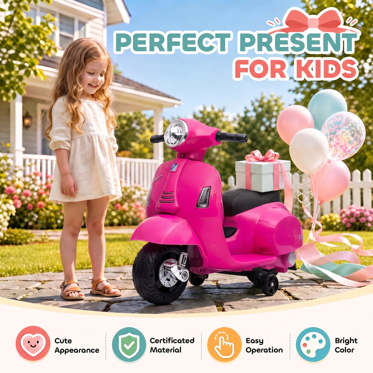 HOMCOM Vespa Licensed 6V Kids Electric Motorbike Ride On Motorcycle  Battery Powered for 18-36 Months with Horn, Pink
