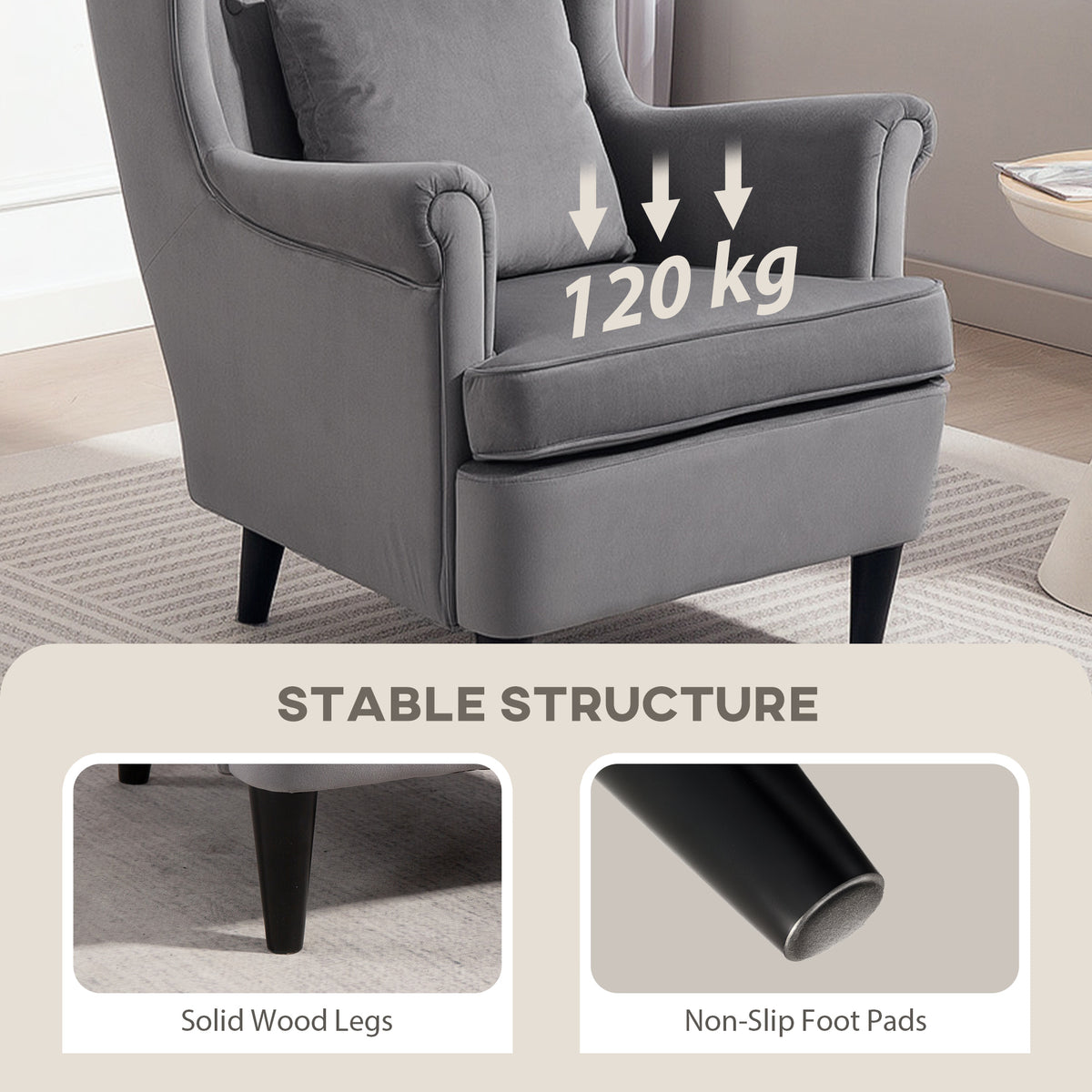 HOMCOM Modern Accent Chair with High Backrest and Pillow, Velvet-Feel Fabric Reading Chair with Solid Wood Legs, Grey